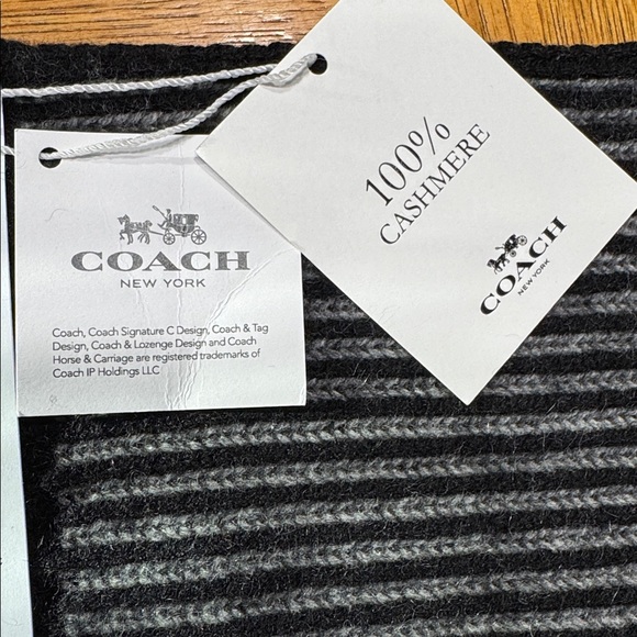 NWT COACH 100% CASHMERE BLACK & GREY STRIPE SCARF - Picture 5 of 7